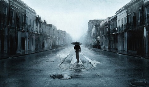 alone man walking rain umbrella