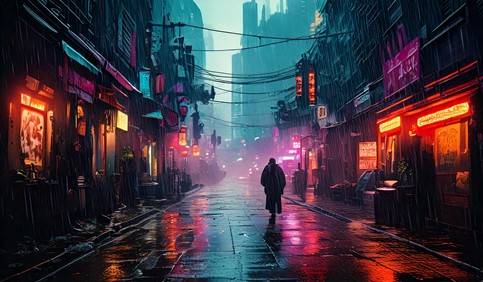 cyberpunk street with rain