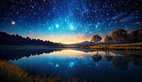 glowing starry sky above lake